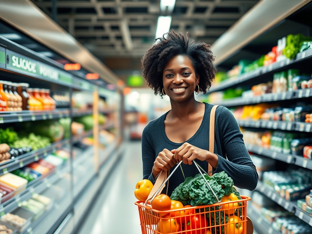 Black woman grocery shopping in a modern supermarket