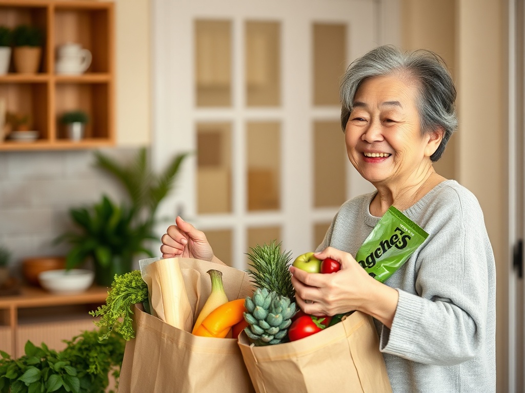 Asian senior citizen woman receiving groceries at home