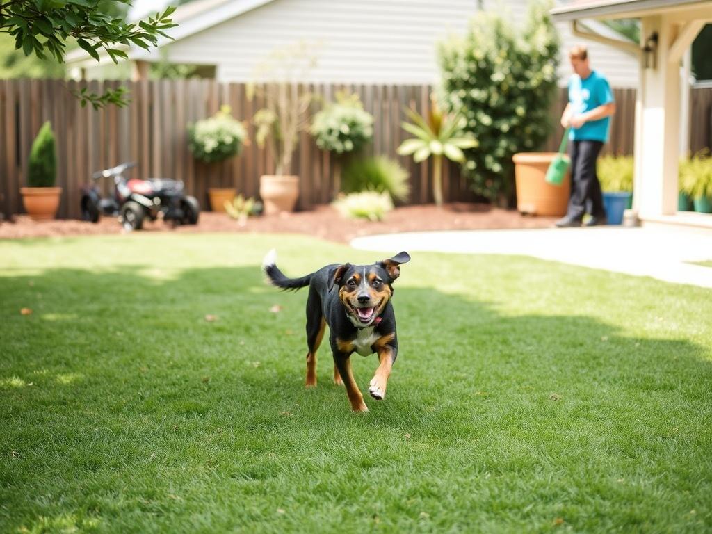 A well-maintained yard with a happy dog running around, showcasing the beauty of a clean environment. In the background, a PetSweep team member can be seen preparing for the next scheduled visit.