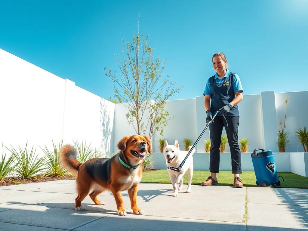 A clean, modern yard with a clear blue sky, a friendly dog playing, and a PetSweep team member preparing to clean the area, showcasing the joy of a clean environment. The focus is on the dog and the team member, with a neat garden background.