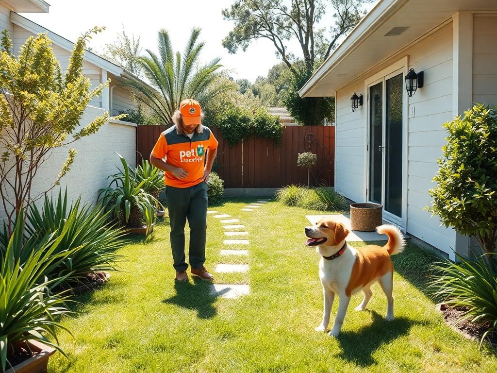 A PetSweep team member inspecting a clean yard with a dog playing happily nearby. The scene should convey satisfaction and a sense of accomplishment, with a bright and sunny atmosphere.