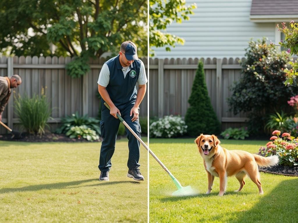 A PetSweep team member actively cleaning a yard, using specialized tools, with a satisfied dog nearby. The background should show a well-kept garden, highlighting the transformation from messy to clean.
