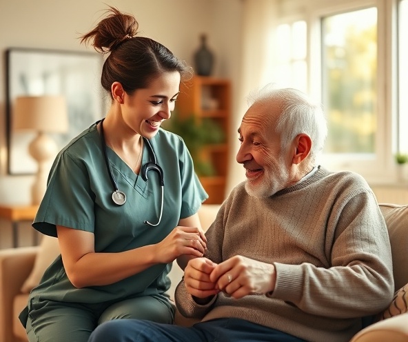 Compassionate caregiver assisting elderly client in home setting