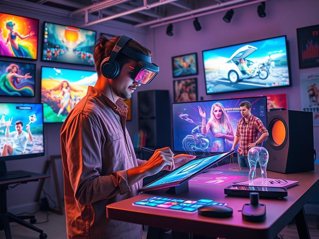 An artist creating an augmented reality scene in a studio,