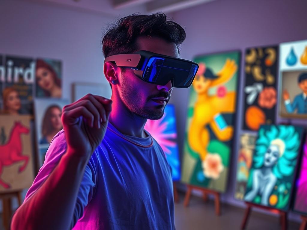 A visually stunning scene featuring an artist wearing augmented reality