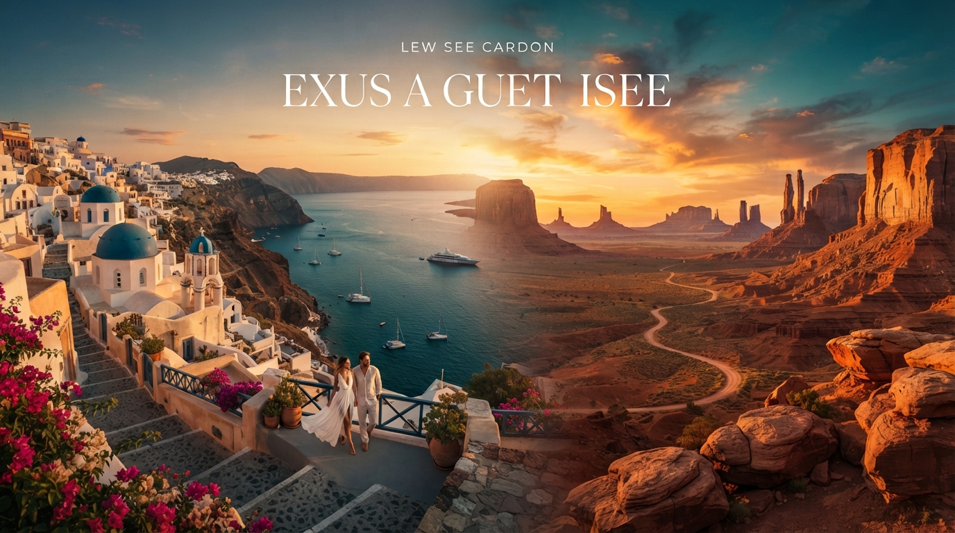 Santorini caldera and American canyon landscapes at golden hour