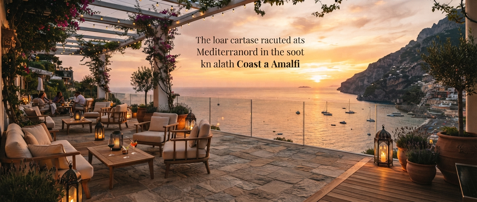 Luxury terrace overlooking the Mediterranean at sunset