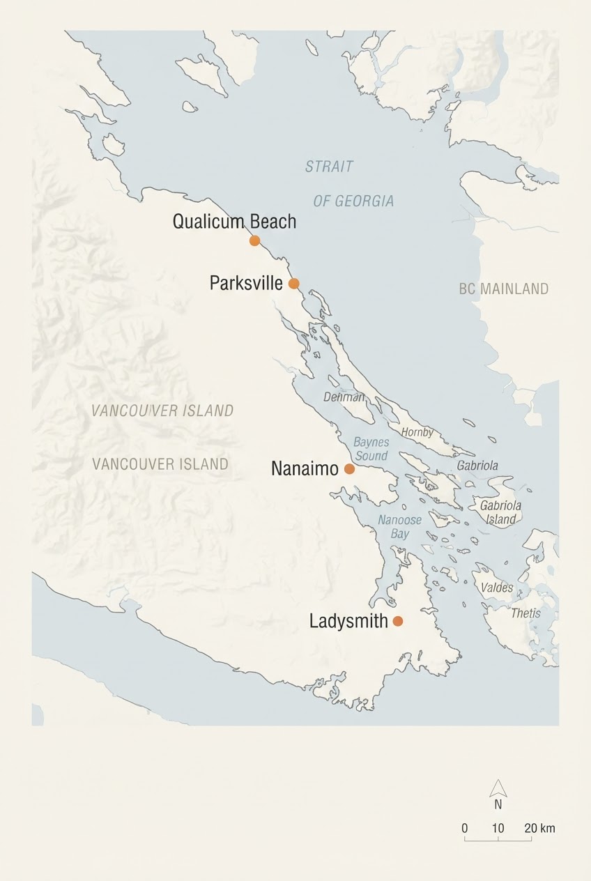 Vancouver Island service area map with markers for Qualicum Beach, Parksville, Nanaimo, and Ladysmith