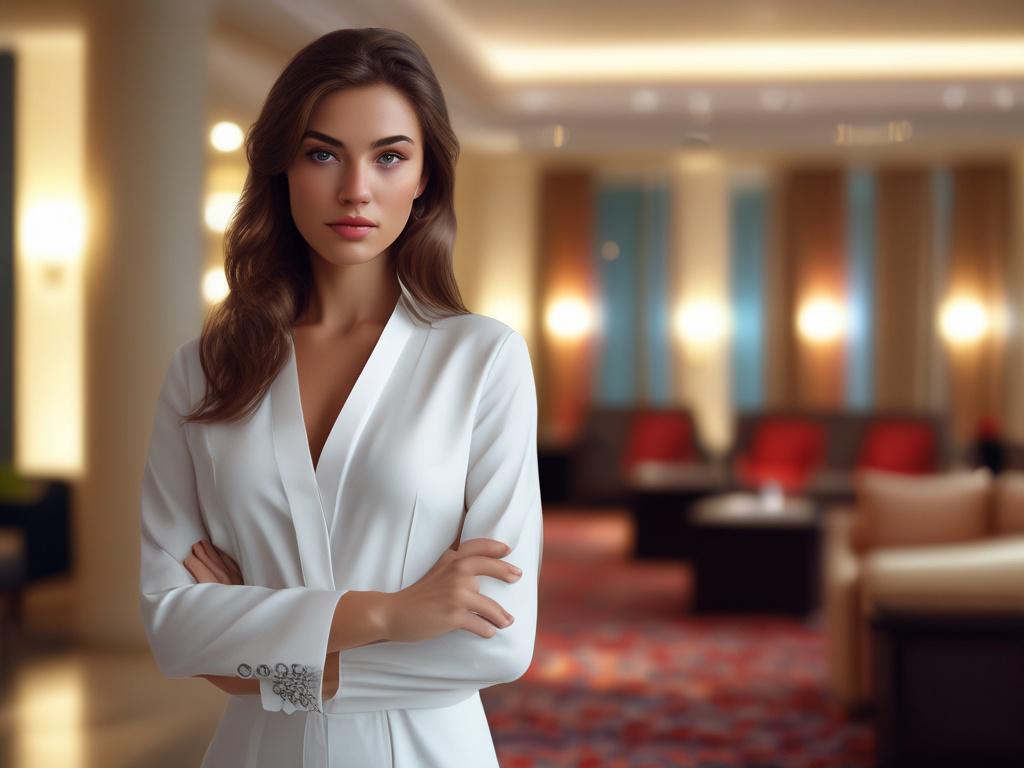 A stunning young woman in an elegant outfit, exuding confidence