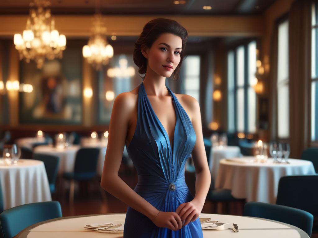 An elegant woman dressed in a stunning evening gown, standing