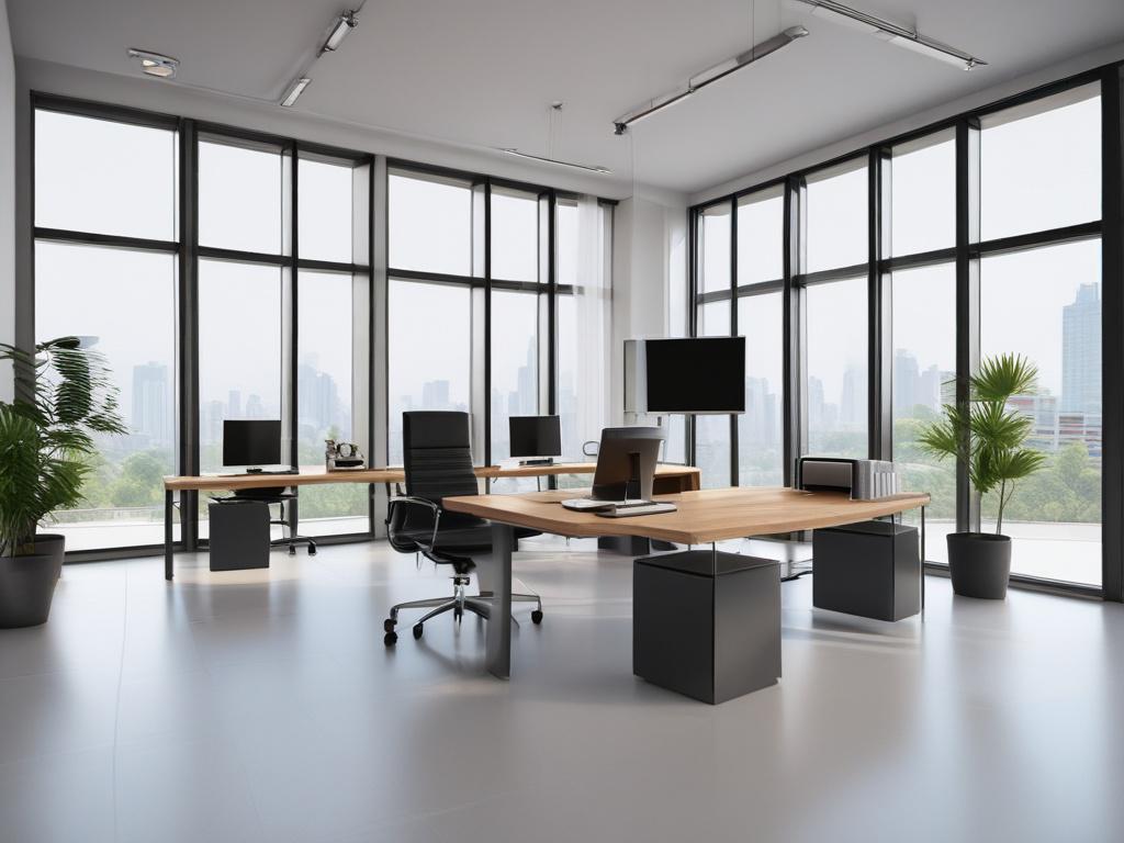 Create a realistic high-resolution photo showcasing a modern, minimalist office setting with clean lines and bold colors. The focus should be on a single desk with a sleek computer and a plant, representing a blend of technology and nature. The background should be softly blurred to emphasize the desk, and the overall color palette should complement the rgb(193, 153, 87) primary color.