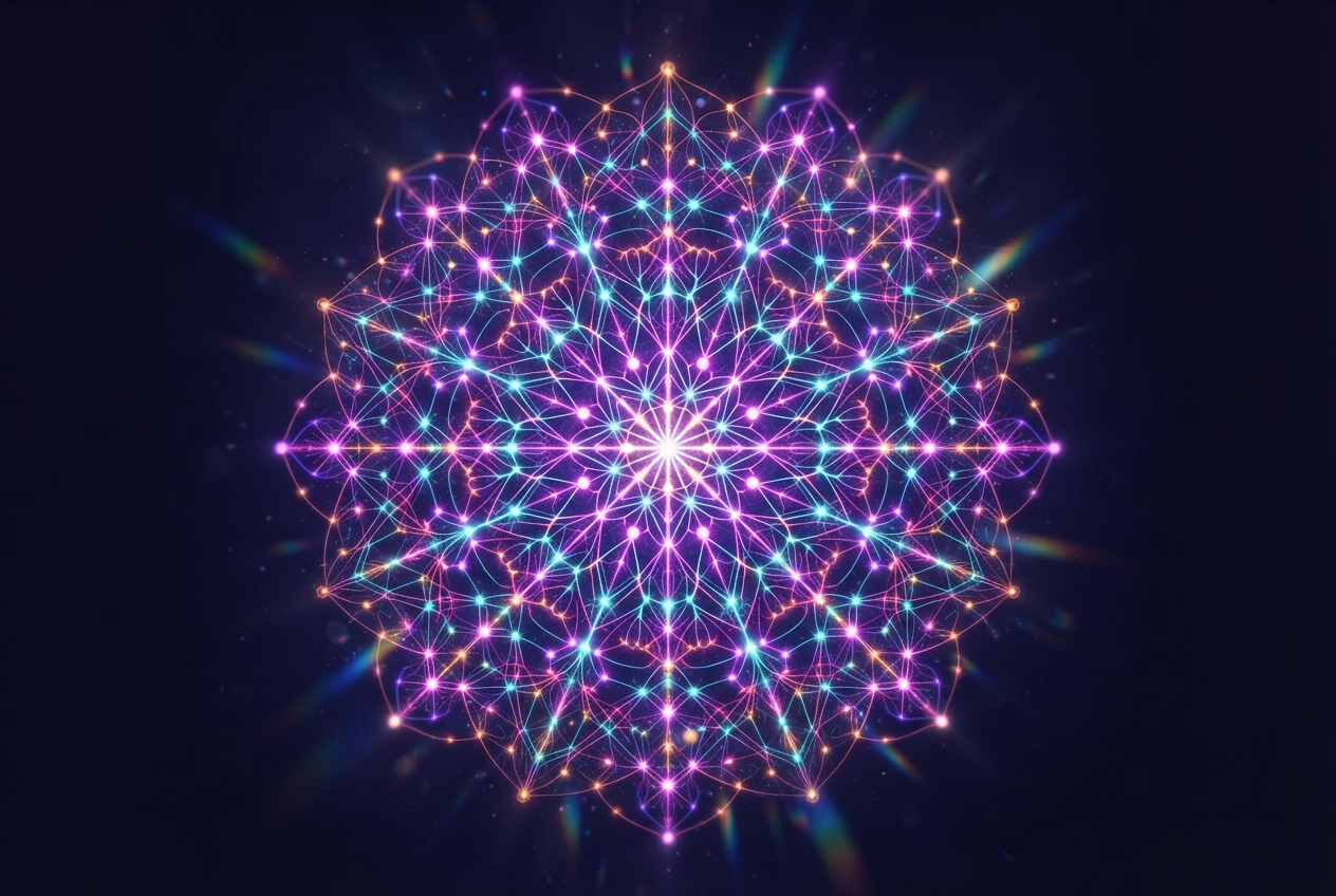 Kaleidoscopic visualization of neural network patterns in magenta, violet, teal and amber on deep indigo