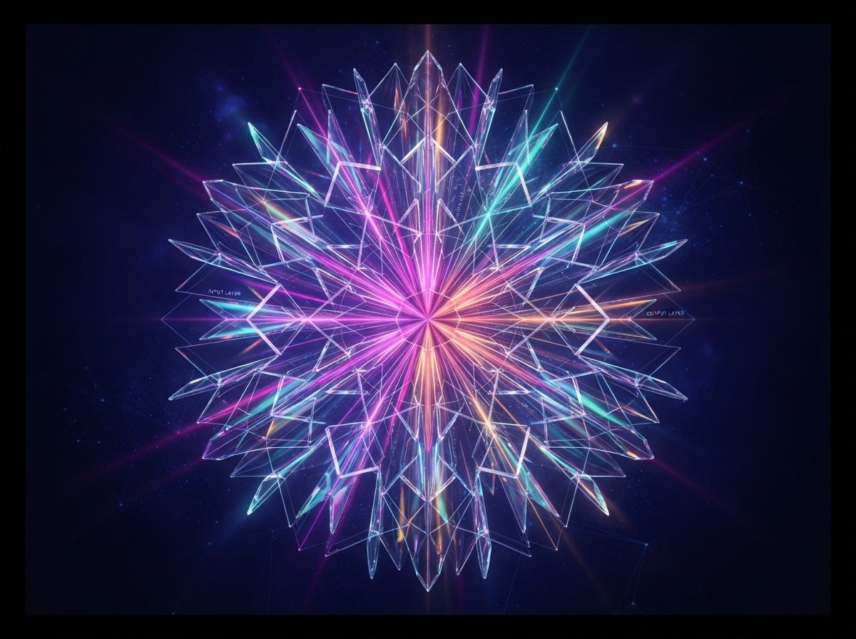 Kaleidoscopic prisms refracting magenta, violet, teal and amber light beams on deep indigo