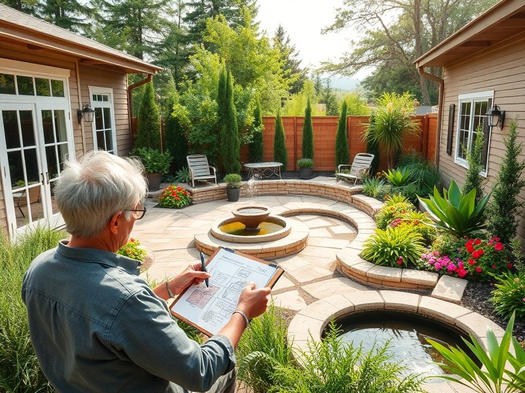 A beautifully designed backyard featuring a custom patio, vibrant flower