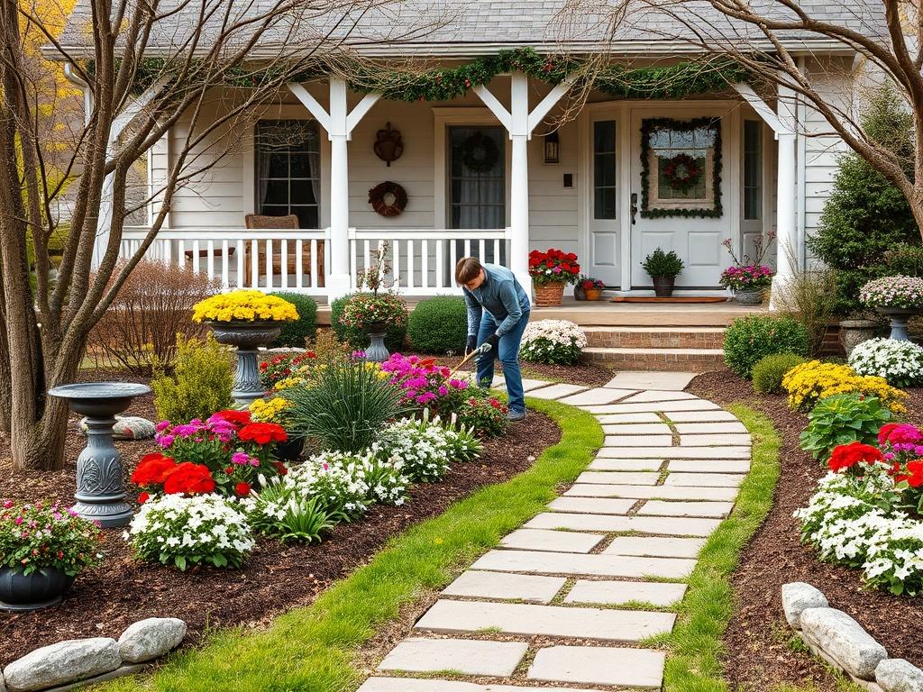 An array of seasonal decorations and carefully arranged flower beds