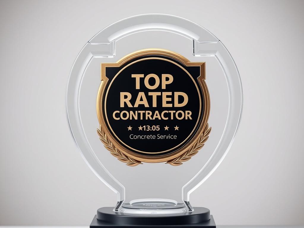 A hyper-realistic close-up of a trophy or award plaque that signifies top-rated contractor status. The award should be elegantly designed, with clear indicators of achievement in concrete services. Set against a neutral background that enhances the trophy's features, the image should evoke a sense of pride and accomplishment. Ensure the colors align with rgb(50, 170, 39).