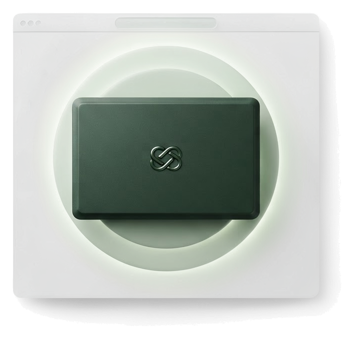Sculptural forest-green wallet with a soft security halo