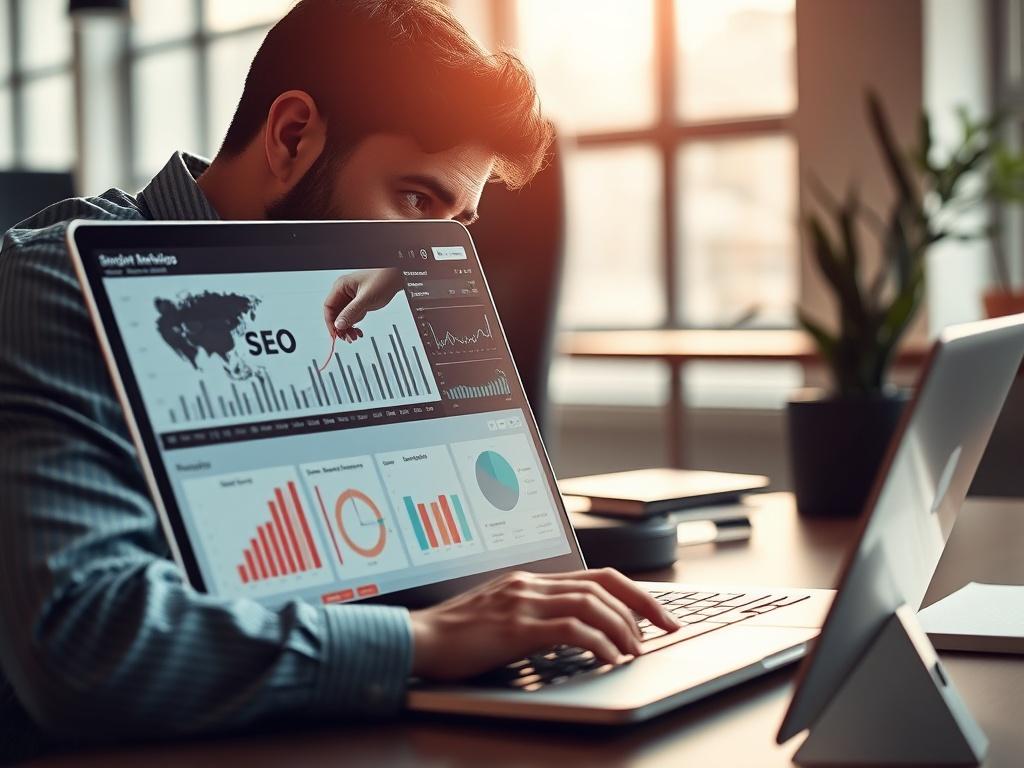 A close-up shot of a digital marketing expert analyzing SEO data on a laptop. The background is a modern office setting with soft natural light filtering in. The expert is focused on the screen, showing graphs and analytics related to SEO performance. The image should have a hyper-realistic style, captured with a 45mm f/1.2 lens, emphasizing the subject's intense concentration and the detailed data on the screen. The color scheme should harmonize with the primary color #062767.