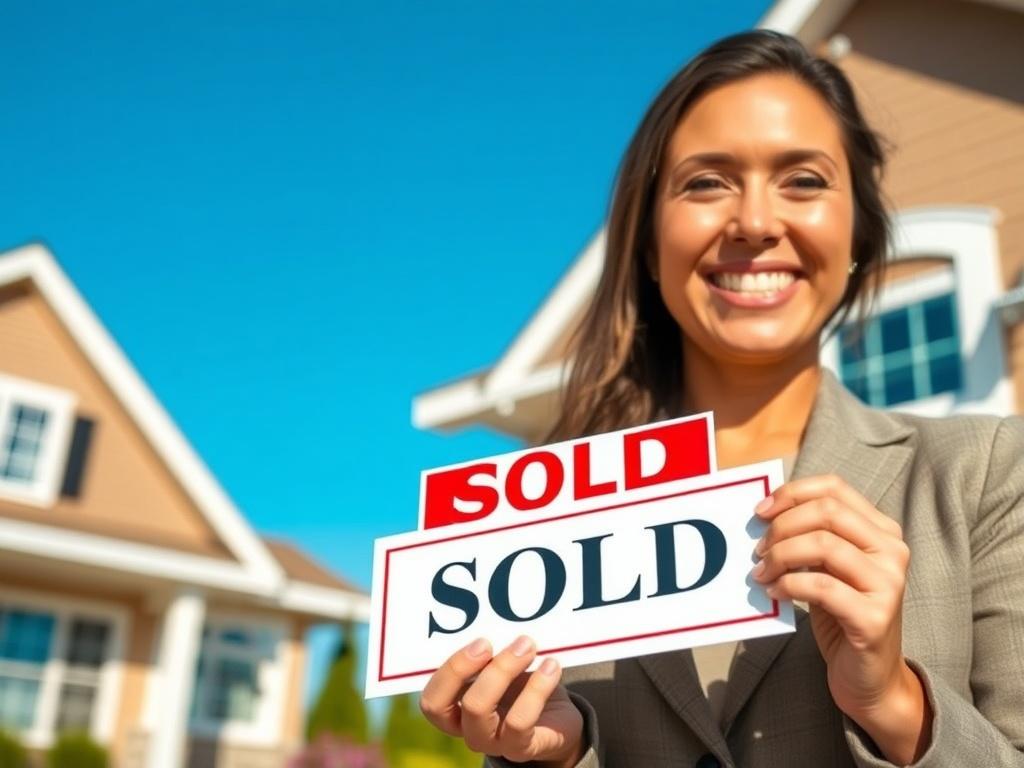 A hyper-realistic close-up shot of a successful real estate agent showcasing a sold property sign in front of a beautiful house. The agent is smiling confidently, dressed in professional attire, with a clear blue sky in the background. The image should be vibrant, focusing on the joyful expression of success and achievement, rendered in high resolution with a 45mm f/1.2 lens style, compatible with the #062767 primary color.