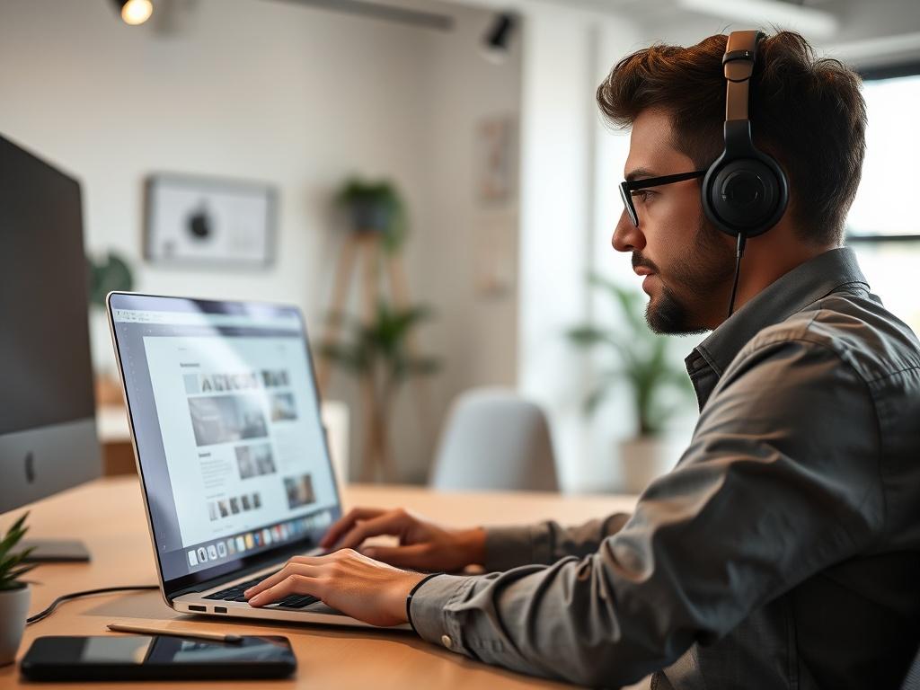A hyper-realistic close-up shot of a professional web developer working on a laptop, designing a website. The developer is focused and engaged, with a clear view of the computer screen showing a website design in progress. The background is a modern, minimalistic office space with soft lighting, emphasizing a creative and professional atmosphere. The color scheme should incorporate shades of #062767 to match the branding.