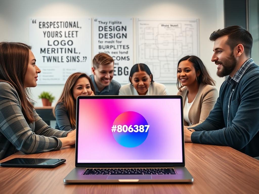 A hyper-realistic close-up shot of a modern office setting showcasing a professional digital marketing team collaborating. The scene should include a diverse group of individuals engaged in a brainstorming session, with a laptop displaying a vibrant logo design in the foreground. The background should feature inspirational quotes and design blueprints on the walls, emphasizing creativity and innovation. The color scheme should incorporate the primary color #062767, creating a cohesive and professional atmos