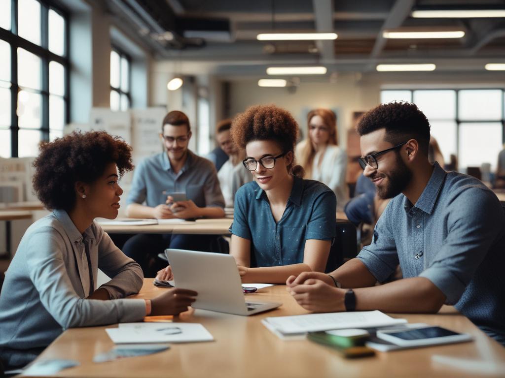 A close-up shot of a diverse group of professionals brainstorming ideas for social media content in a modern office space, surrounded by digital devices, hyper-realistic style, shot with a 45mm f/1.2 lens.