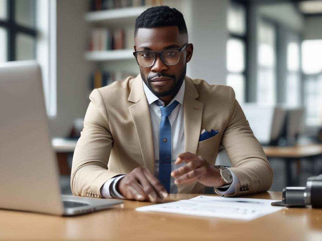 A close-up shot of a professional African male consultant engaging with a laptop in a bright office environment, showcasing tools for digital marketing, with a calm and inviting atmosphere, hyper-realistic style, shot with a 45mm f/1.2 lens.