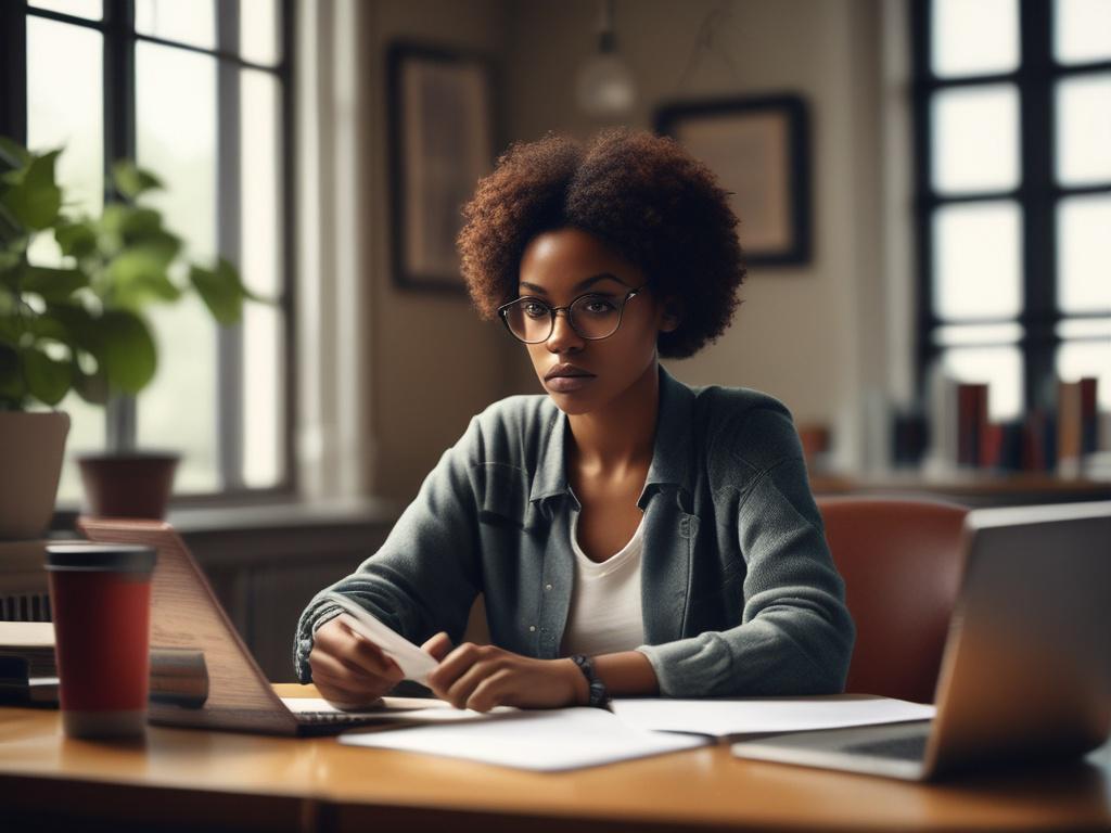 A close-up shot of an African female writer deep in thought while typing on a laptop, surrounded by notebooks and coffee in a cozy workspace, hyper-realistic style, shot with a 45mm f/1.2 lens.