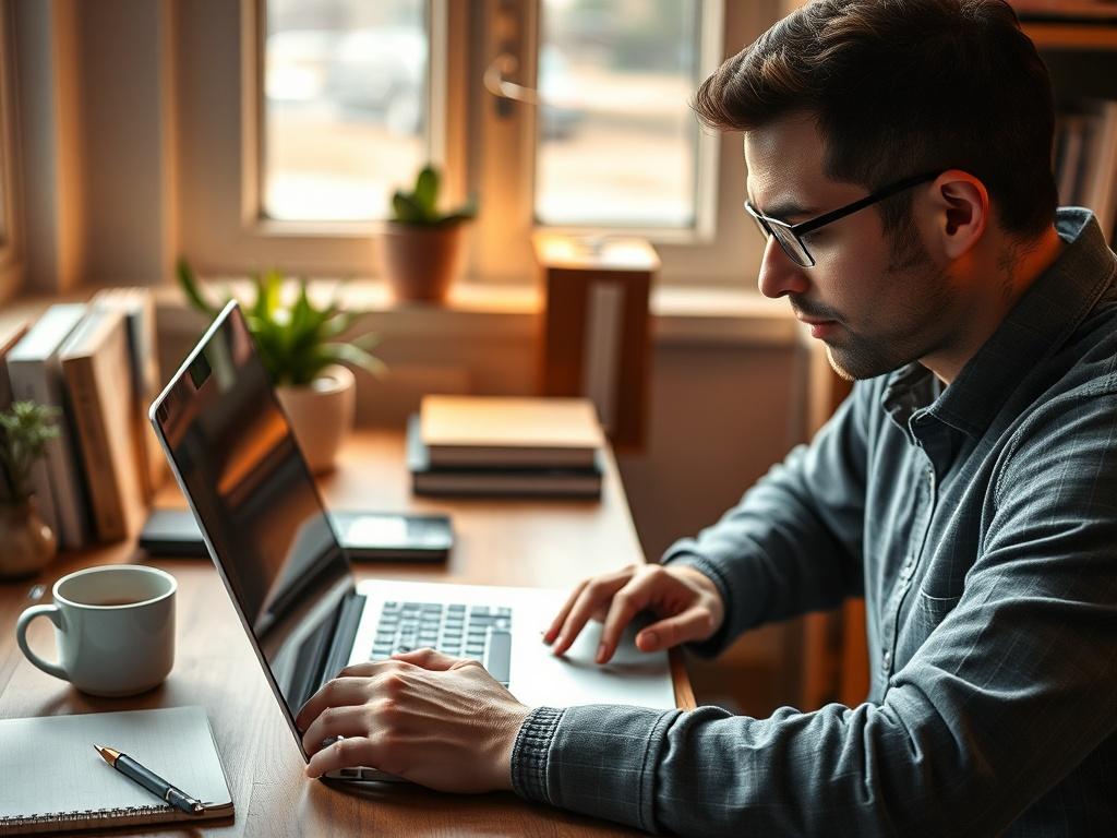 A hyper-realistic close-up shot of a focused writer, deep in thought while typing on a sleek laptop in a cozy, well-lit workspace. The background features a neatly arranged desk with a notepad, coffee cup, and a few books. The lighting is warm and inviting, highlighting the writer's concentration and creativity. The composition is simple and clear, emphasizing the subject's dedication to crafting powerful words.