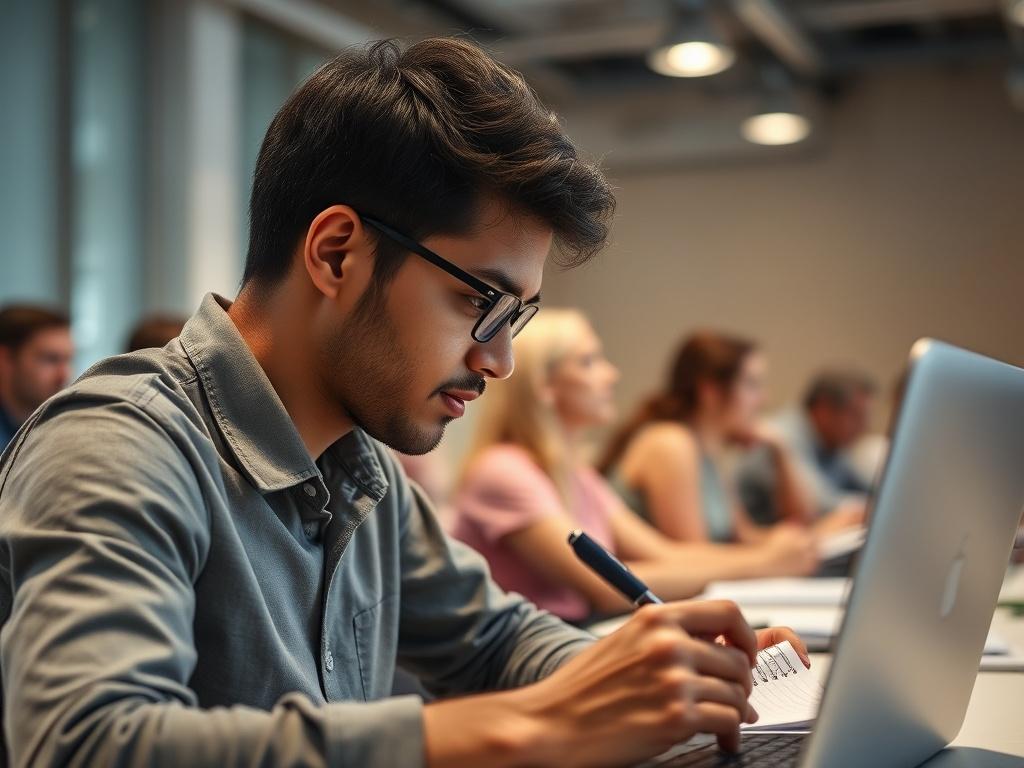 A focused individual, engaged in a workshop setting, taking notes on a notepad with a laptop in front. The background should showcase a bright and interactive environment, with fellow participants visible in the distance. The atmosphere should convey learning and collaboration, with an emphasis on personal growth and development.