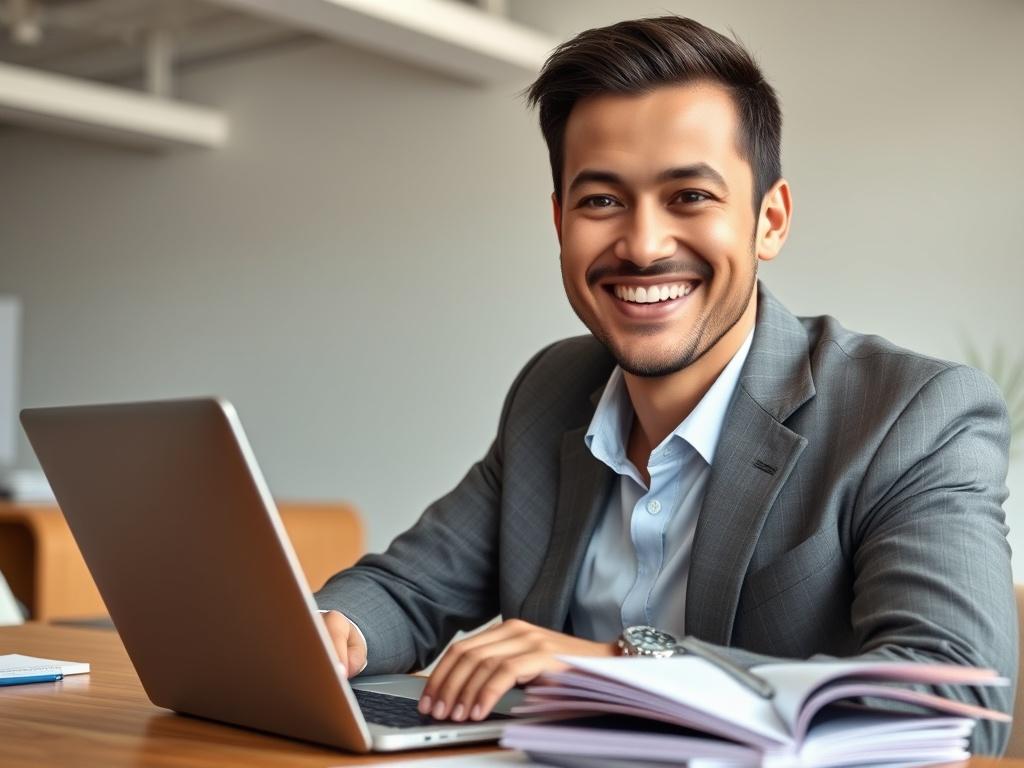 A close-up shot of a confident business professional, smiling, in a modern office setting, with a laptop open and marketing materials on the desk. The background is clean and minimalistic, emphasizing a professional atmosphere. The image should exhibit a warm and inviting tone, with a focus on collaboration and success.