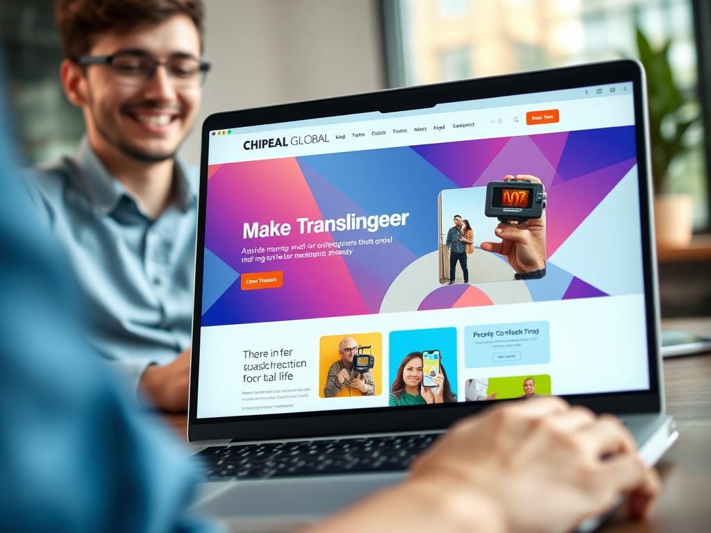 A hyper-realistic close-up photo of a laptop displaying the revamped CHIPEAL GLOBAL website, with vibrant graphics and engaging layout. In the background, a person is happily working on their digital marketing strategy. The overall tone should convey modernity and success, with a focus on the laptop screen showcasing the transformation.