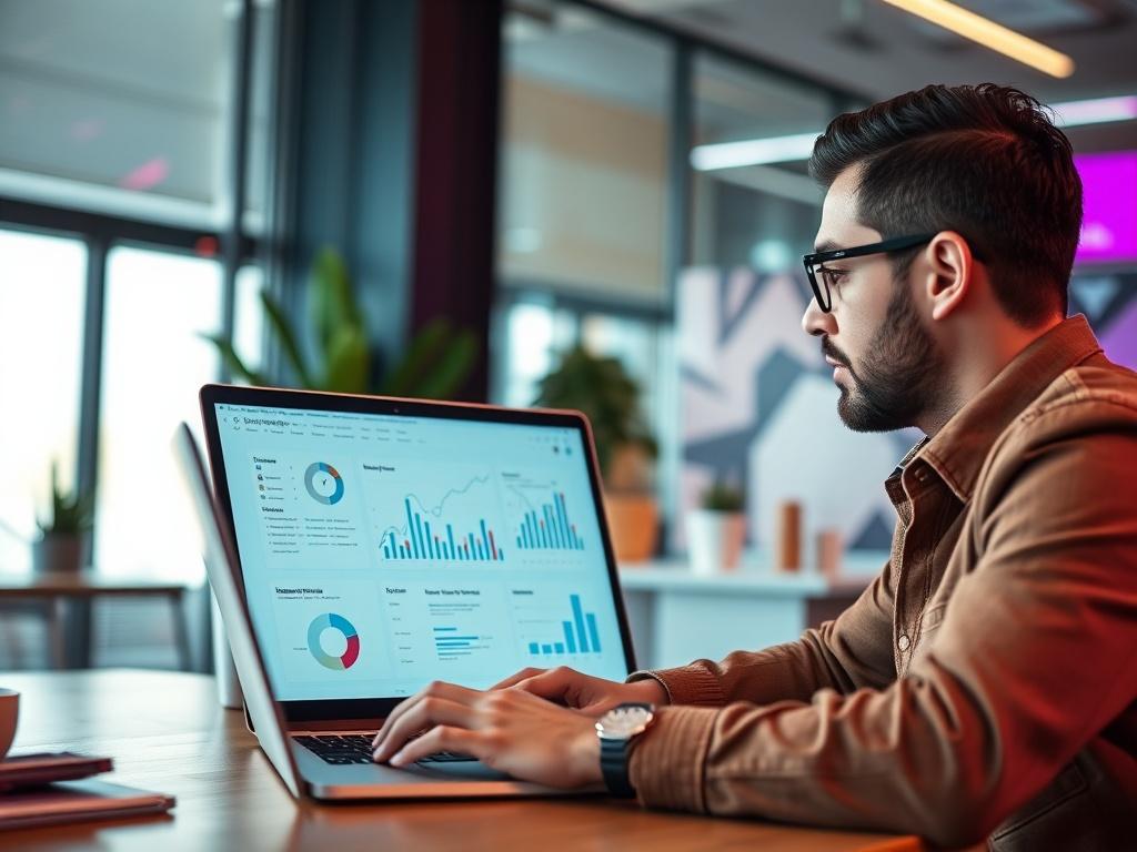 A hyper-realistic close-up shot of a professional digital marketer brainstorming strategies in a modern office. The marketer is focused on a laptop screen displaying analytical data and graphs related to digital marketing. The background features a sleek, contemporary workspace with soft lighting, giving a vibrant yet professional ambiance. The primary color #062767 is subtly integrated into the decor, creating a cohesive visual theme.
