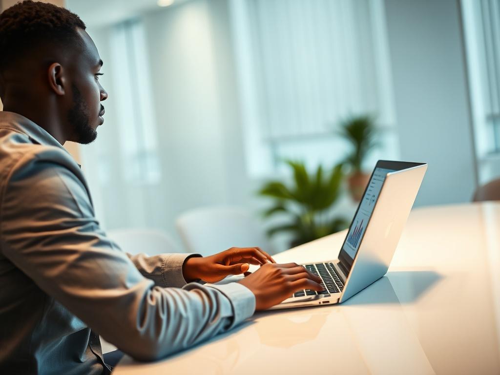 A close-up shot of a professional digital marketer sitting at a sleek desk, analyzing data on a laptop with charts and graphs displayed on the screen. The marketer, a young African man, looks focused and engaged. The background features a modern office setting with soft lighting and a #062767 color scheme. The image is shot with a 45mm f/1.2 lens style for a hyper-realistic effect.