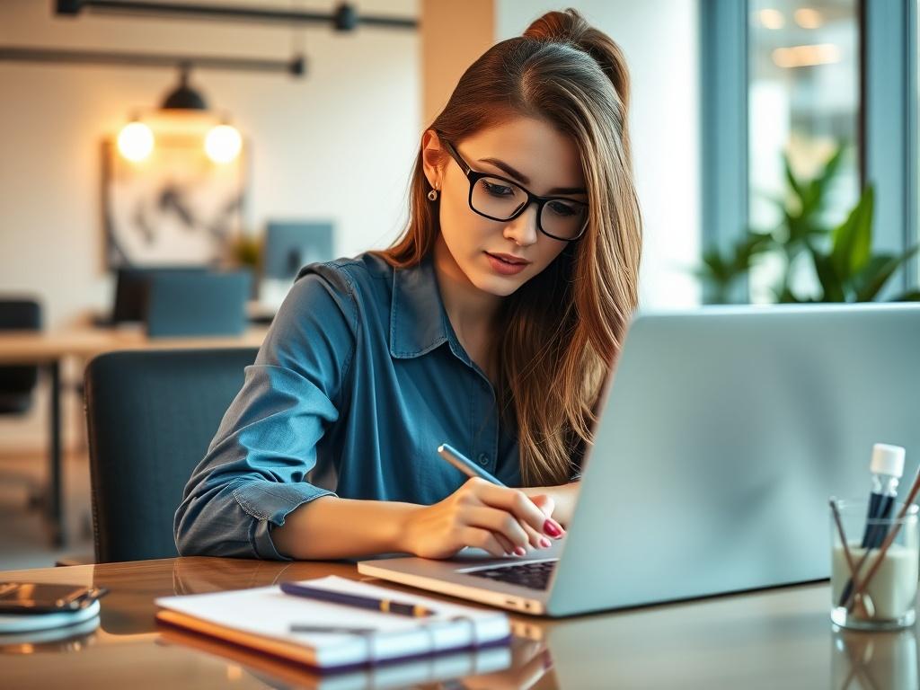 A hyper-realistic close-up portrait of a professional female virtual assistant working diligently at her desk. She is focused on her laptop, with a notepad and stylish stationery around her. The background features a modern office setting, with soft natural light illuminating the scene. The color scheme should harmonize with the primary color #062767, creating a professional and inviting atmosphere.