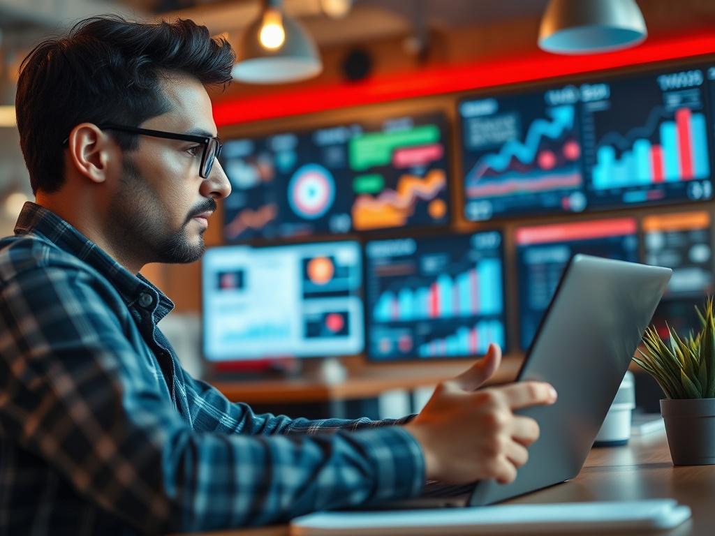 A close-up shot of a social media manager analyzing analytics on a laptop in a trendy workspace. The manager has a thoughtful expression, surrounded by social media icons and charts displayed on screens. The composition emphasizes the dynamic nature of social media management, with the background softly blurred, showcasing a lively and modern environment. The RGB primary color of rgb(12, 186, 225) adds a vibrant touch.
