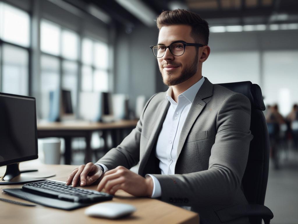 Create a realistic high-resolution image that embodies the theme "Harnessing AI for Effective Digital Marketing." Focus on a single subject: a confident marketing professional sitting at a sleek, modern desk with a laptop open in front of them. The individual should have a thoughtful expression, as if they are analyzing data or strategizing on how to implement AI tools in their marketing efforts. They should be dressed in smart, professional attire to convey expertise and authority in the digital marketing