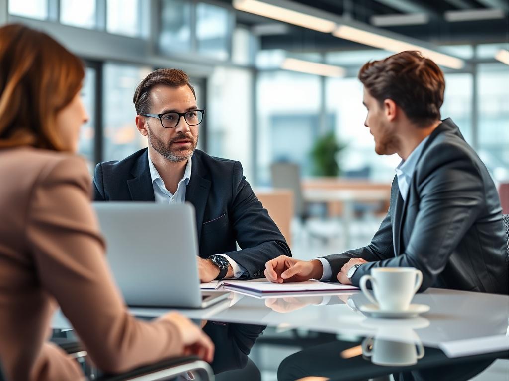 A close-up shot of a professional digital marketing consultant discussing strategies with a client in a modern office. The consultant has a focused expression, sitting at a sleek desk with a laptop, notepad, and coffee cup. The background features a blurred, contemporary office setting emphasizing a collaborative atmosphere. The image is captured in vibrant colors with an RGB primary color of rgb(12, 186, 225) to enhance the visual appeal.
