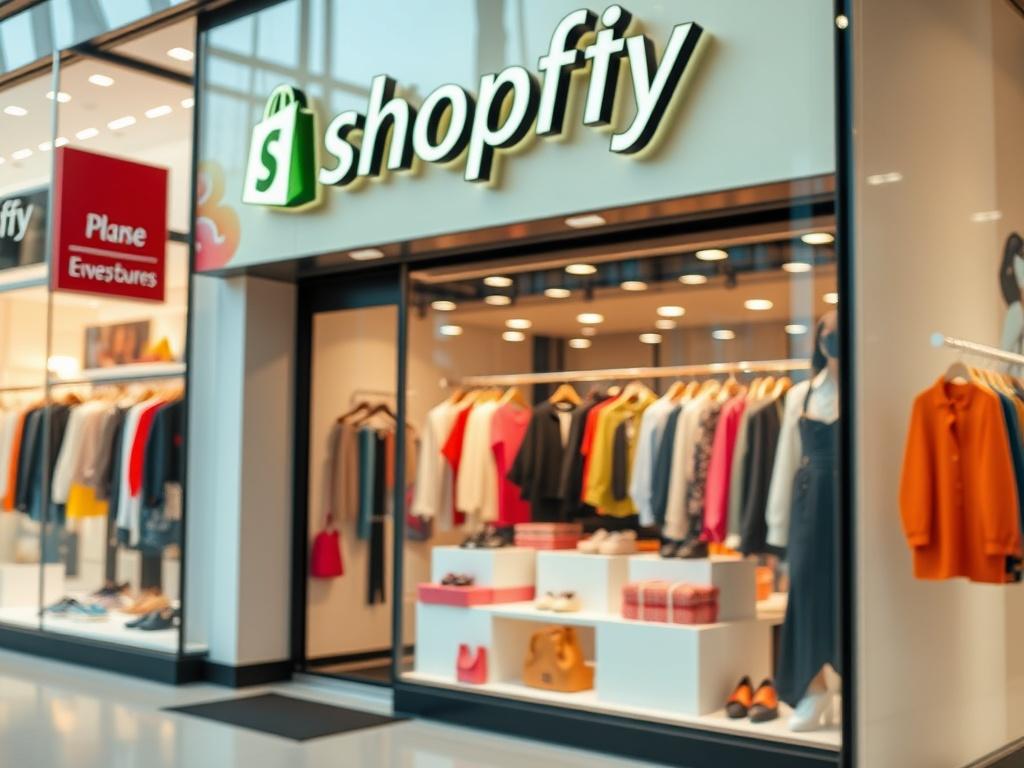 Create a hyper-realistic close-up shot of a stylish and modern Shopify e-commerce storefront featuring a vibrant display of fashionable clothing and accessories. The store should have an inviting layout with well-organized product categories, prominent call-to-action buttons, and visually appealing product images. The background should be softly blurred to emphasize the storefront while incorporating the primary color #062767 for branding elements.