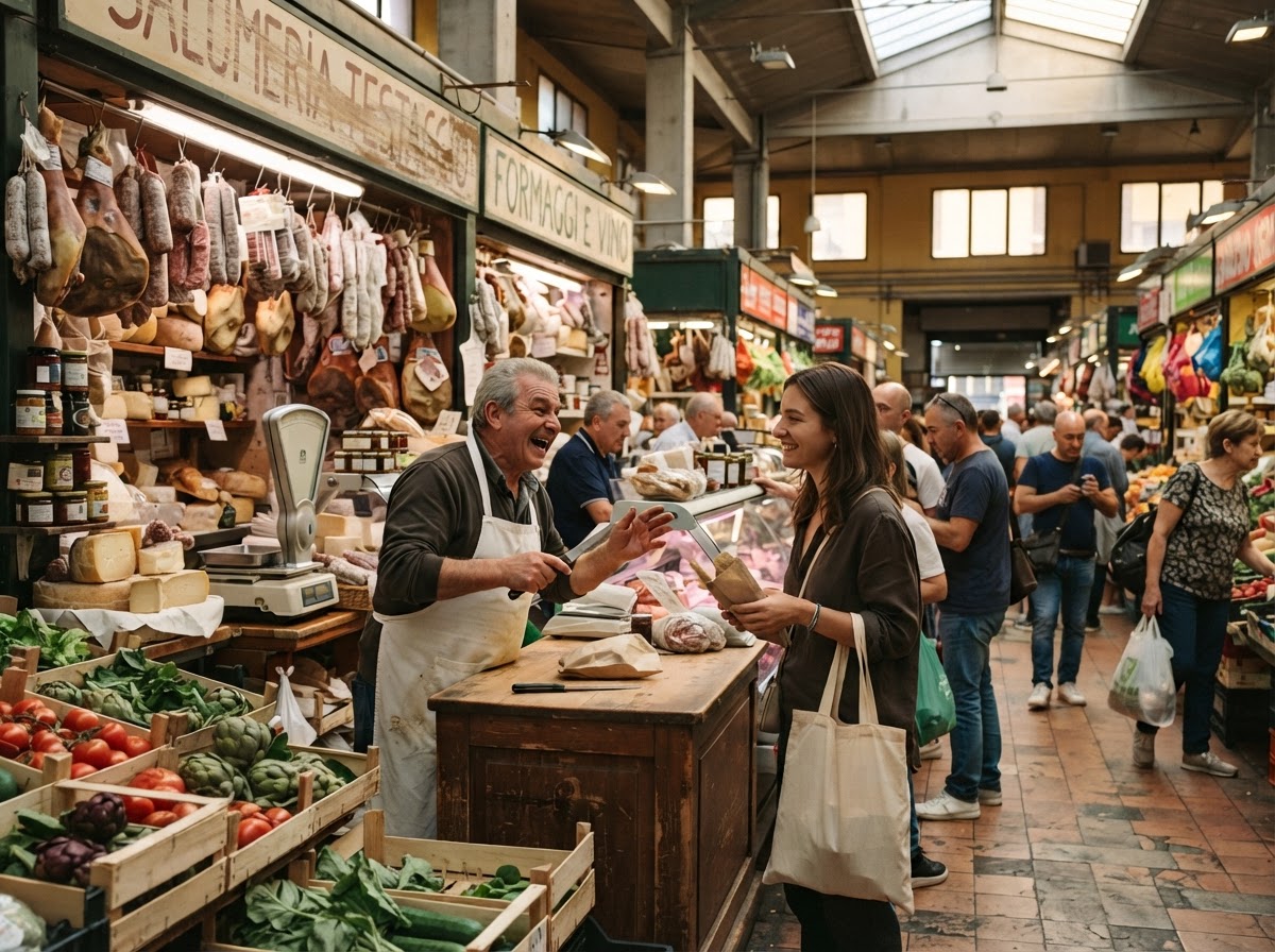 A Testaccio market vendor serves guests at his counter.