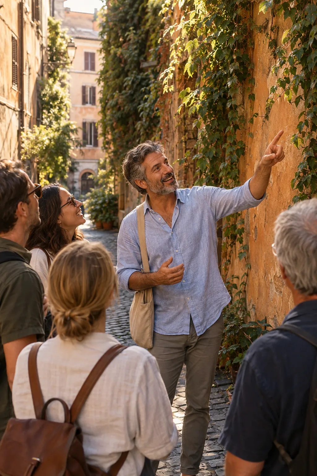 Matteo, mid-sentence, points up at an ivy-covered ochre wall in Trastevere while four guests listen.