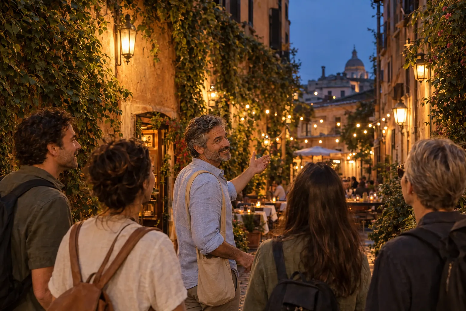 Matteo leads a small group down a lantern-lit Trastevere lane at dusk