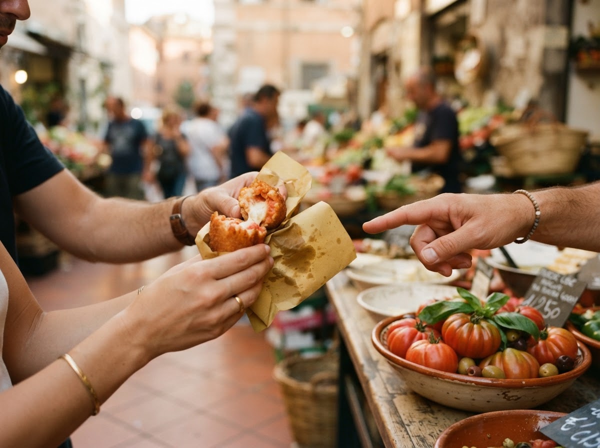 Hands sharing warm supplì over a Testaccio market counter