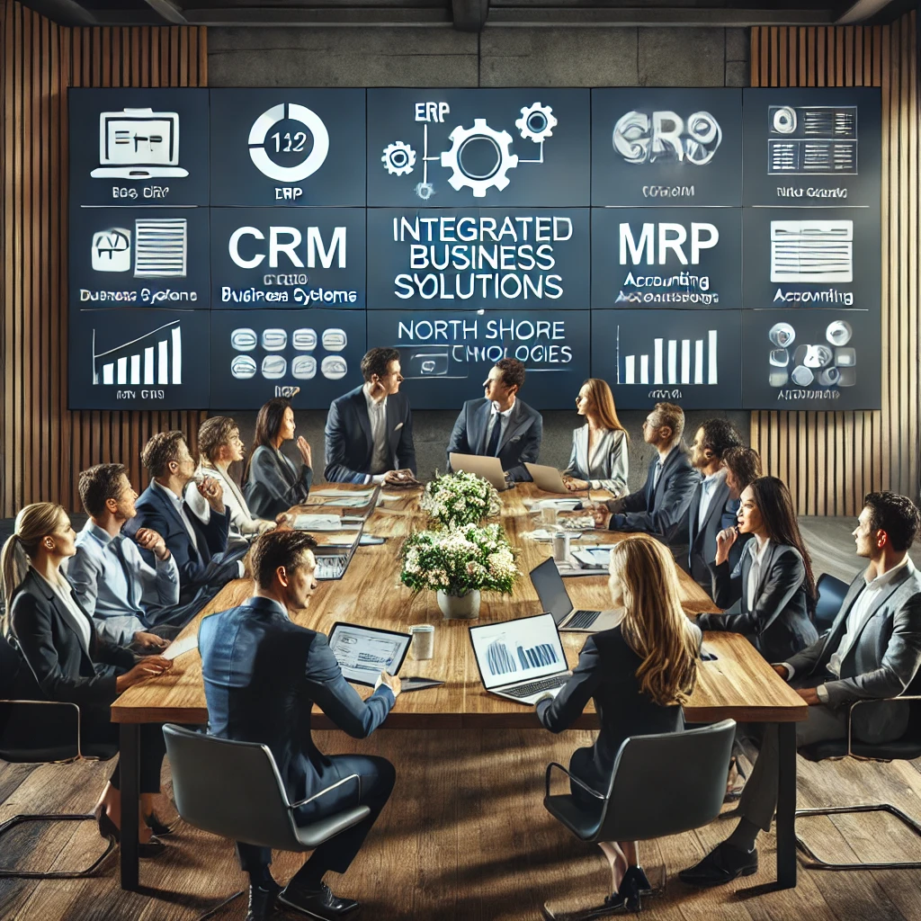 dall·e 2024-07-17 16.06.07 - a business meeting room with diverse professionals collaborating at a table, focusing on a large screen displaying various integrated business systems.webp