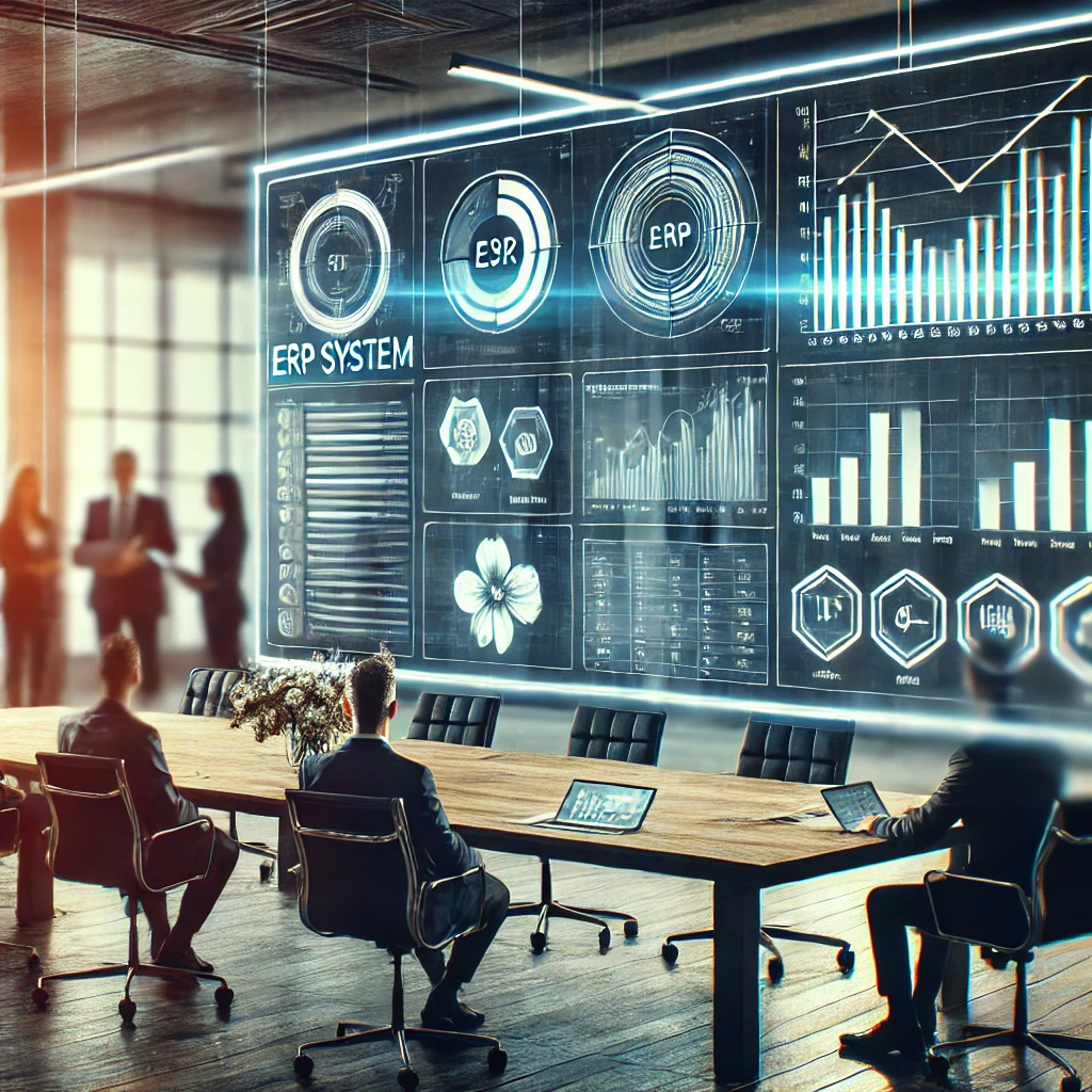 dall·e 2024-07-17 15.59.07 - a business meeting room with a large digital screen displaying a modern erp system dashboard. in the background, people are collaborating at a table, .webp