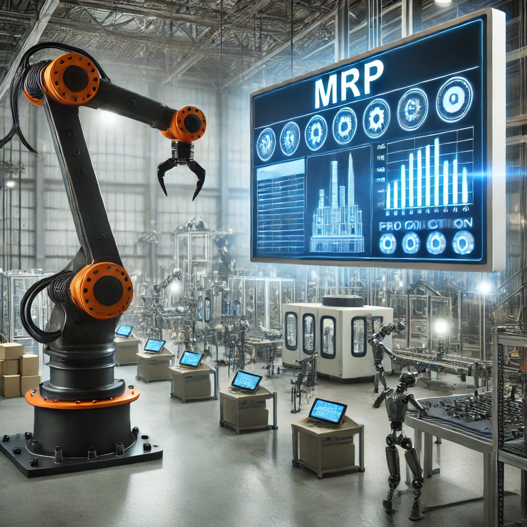 dall·e 2024-07-17 16.00.44 - a modern manufacturing facility with robotic arms and automated machinery working efficiently. in the foreground, a digital screen displays an mrp sys.webp