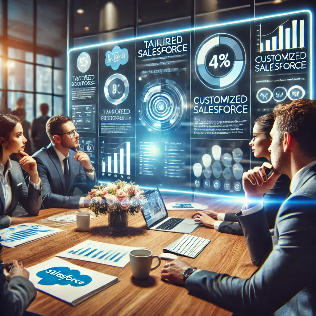 dall·e 2024-07-17 16.01.36 - a modern office environment with professionals collaborating around a table, focusing on a digital screen showing a customized salesforce dashboard. t.webp