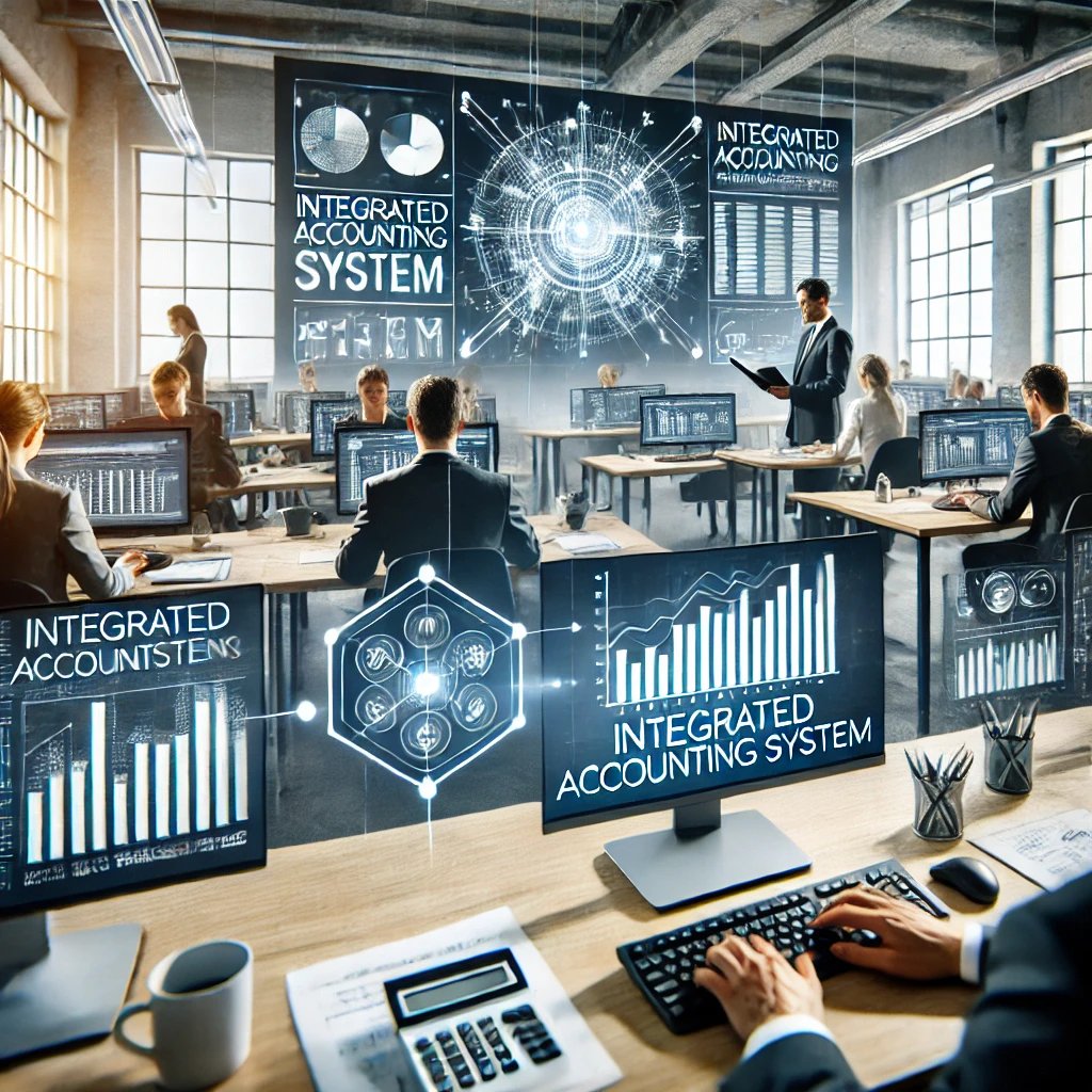 dall·e 2024-07-17 16.02.57 - a professional office environment with accountants working on computers, focusing on a large screen displaying an integrated accounting system. the sc.webp