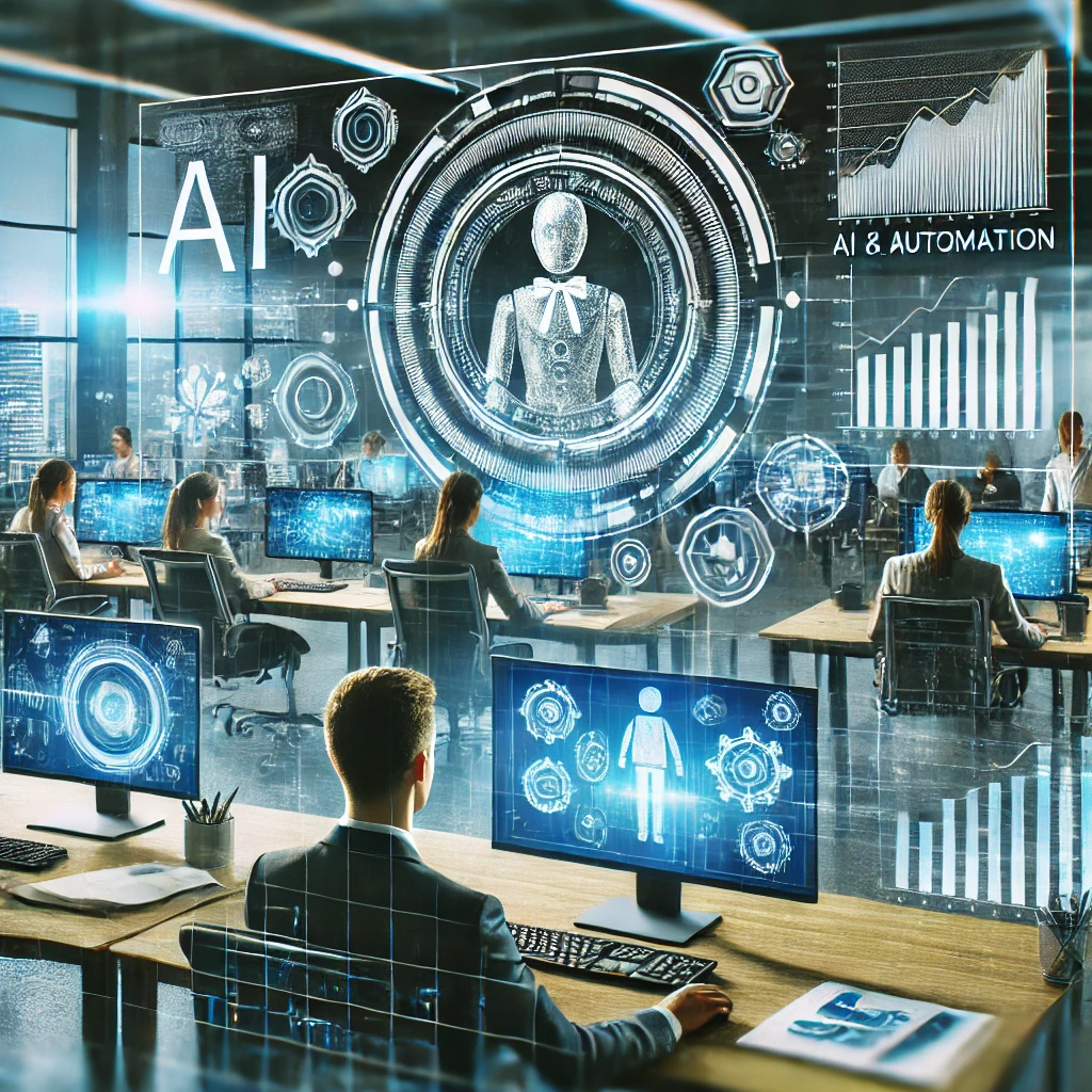 dall·e 2024-07-17 16.04.37 - a futuristic office environment with business professionals working on computers, focusing on a large digital screen displaying ai and automation tool.webp