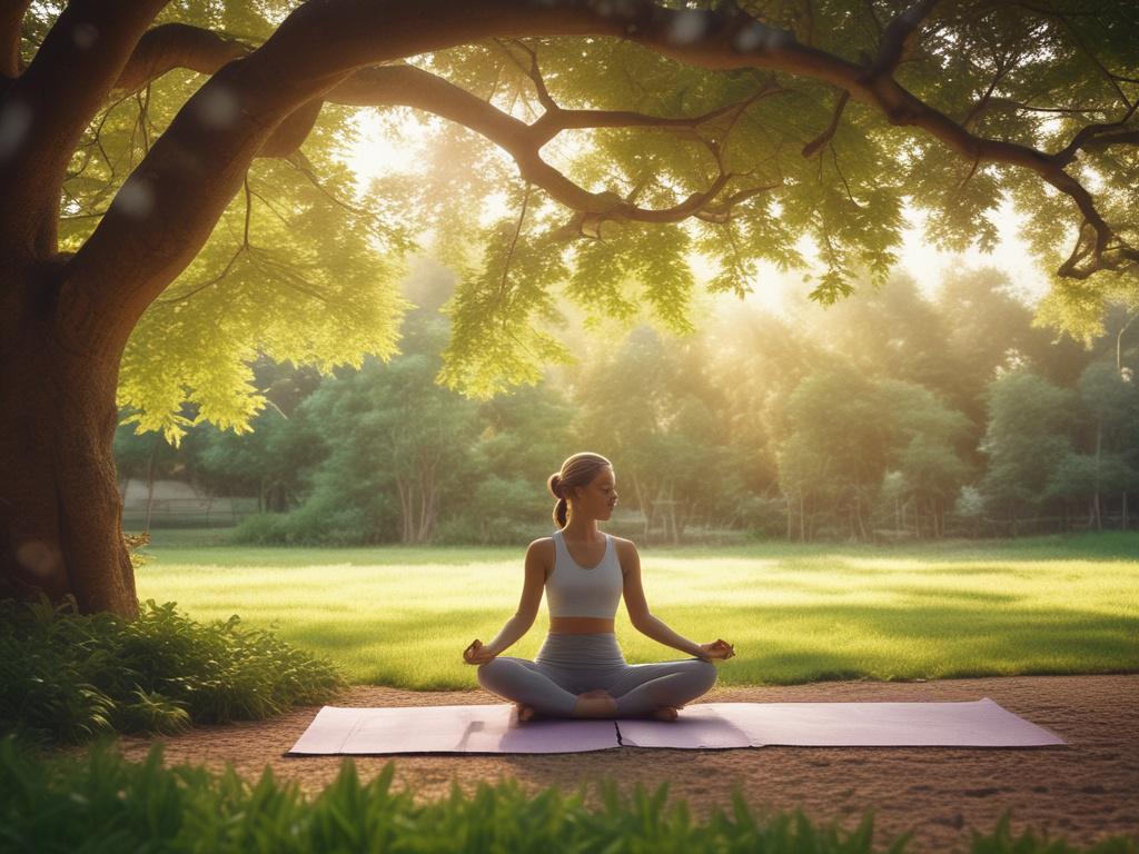 A serene morning scene with a person practicing yoga in